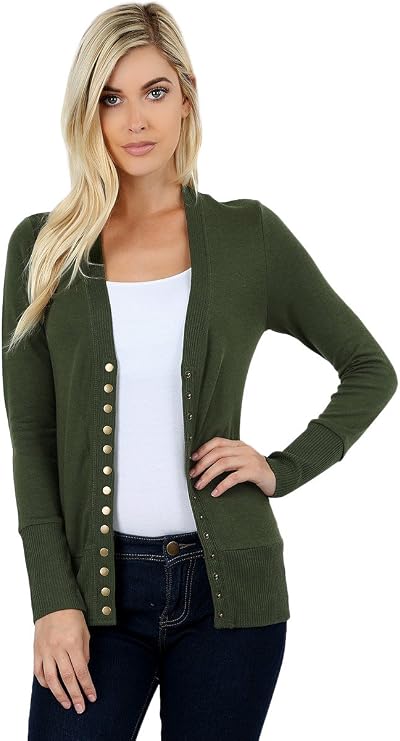Cardigans for Women Long Sleeve Cardigan Knit Snap Button Sweater Regular & Plus - Army Green (2X)