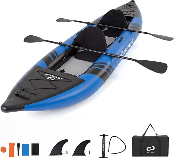 2-Person Inflatable Kayak Set, 381 cm Portable Inflatable Kayak with 230 KG Weight Capacity, 2 Padded Seats & Adjustable Footrests, Aluminum Oars, Hand Pump & Repair Kit (Blue)
