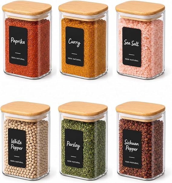 ComSaf Glass Spice Jars 8oz Set of 6, Seasoning Containers with 9 Labels