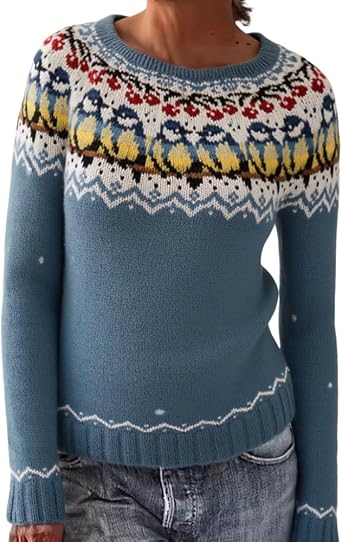 Akivide Fair Isle Sweater for Women 2025 Fall Winter Trendy Nordic Pattern Long Sleeve Crewneck Warm Outfits Pullover