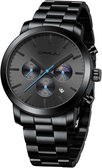 CRRJU Watches for Men Luxury Business Stainless Steel Waterproof Calendar Chronograph Analog Quartz Wristwatches