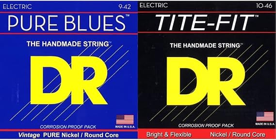 DR Strings Pure Blues Pure Nickel Wrap Round Core 9-42 & Tite Fit Electric Round Core 10-46