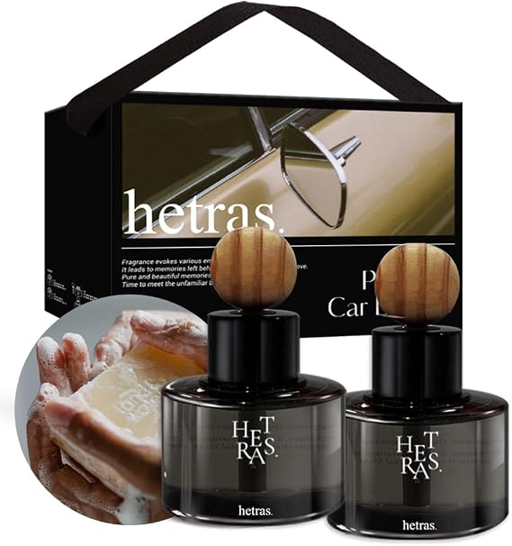 hetras Premium Car Diffuser Set (Hug Soap Scent)Dashboard Air Freshener | 2-Pack (2.6 fl.oz Each) with Natural Wood Balls & Non-Slip Pads | Soft Clean Soap & Musk Aroma | Car Interior Decor & Gift