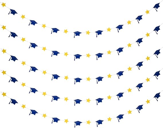 5Pcs Graduation Cap Garland Banner Blue and Yellow Graduation Hat Banner Decorations for Blue and Yellow 2026 Graduation Party Decorations