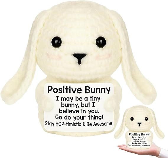 Funny Positive Rabbit, Emotional Support Crochet Animals, Handmade Knitted Positive Bunny with Encouragement Card, Crochet Gifts for Women, Desk Decor for Office and Home, Travel Companion