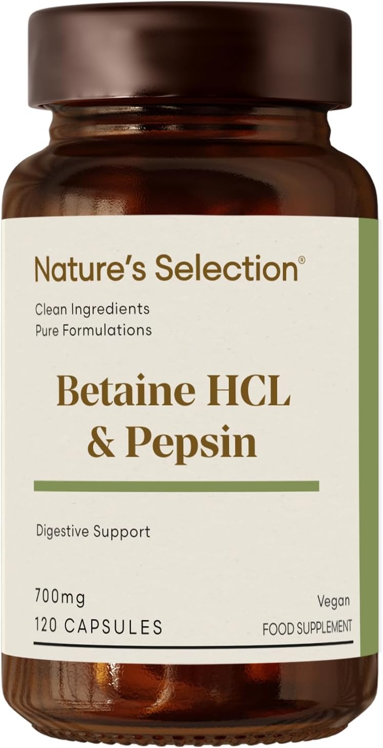 Betaine HCL & Pepsin 700mg - 120 Vegan Capsules | Betaine Hydrochloride | Digestive Enzyme Supplements - Acid Reflux and Indigestion | Made in The UK
