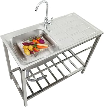 Single Bowl Kitchen Sink, Outdoor Free Standing Sink Basin, Commercial Restaurant Bar Sink, with Cutting Board, Utility Prep Single Bowl Washing Hand Basin Station Sink, Laundry Tub