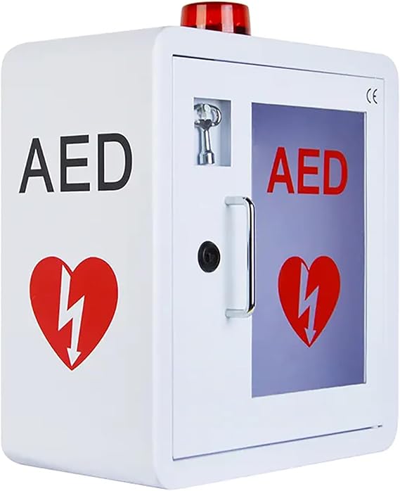 Wall Mounted AED Cabinet with Alarm & Lock, Round Edge Design Fits All Brands, Eye Catching Red Sign, Easy Install for Hotel Restaurant Hospital