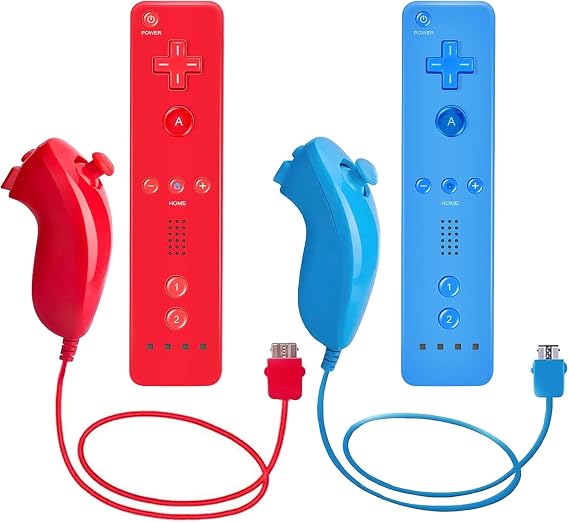 AUFGLO Wii Remote Controller and Nunchuck Controllers for Wii U, including silicone case and wrist strap (red+blue)