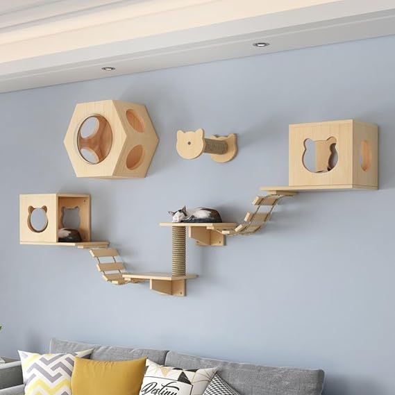Solid Cat Shelves for Wall, 9-in-1 Cat Wall Shelves Set with scratching Post, Cat Bed, and Cat Bridge; Suitable for Multiple Cats DIY assembly available