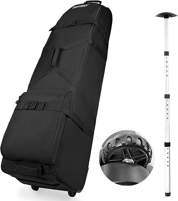 DAFISKY Golf Travel Bag for Airlines with Wheels | Thick Dense Foam Padded Topnm&Adjustable Support Rod for Protect Club,600D Heavy Duty Oxford Lightweight Foldable