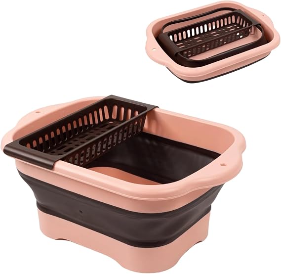 Collapsible Dish Basin with Drain Plug, 11L/2.91 Gallon Portable Bucket for Dish Pan and Vegetable, Space Saving Wash Basin for Station Campin/Camping/Rv/Kitchen(Pink)