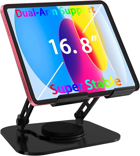 Tablet Stand, 360 Rotation Dual-Arm Support iPad Holder Office Desk Accessories, Foldable iPad Air Holder Travel Accessories for Desk Men Gifts Fits All 4-16 Tablet Black