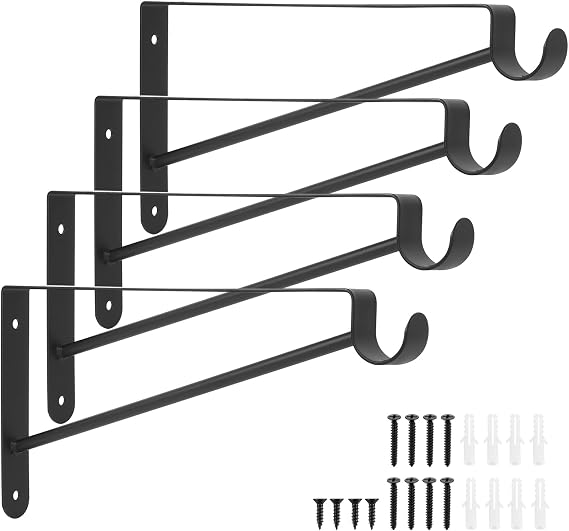 Shelf and Rod Brackets, 4 Pcs Closet Shelf & Rod Brackets Wall Mounted, Heavy Duty Closet Shelf Closet Bracket with Rods Holder, Closet Shelves Supports with Screws, Black