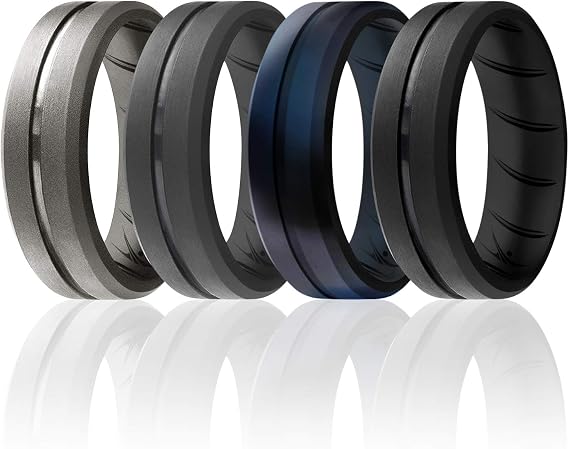 ROQ Silicone Rings, Breathable Silicone Rubber Wedding Ring Band for Men with Comfort-Fit Design, 8mm Engraved Middle Line, 4 Pack, Silicone Wedding Ring - Grey, Black-Blue Camo Colors - Size 14