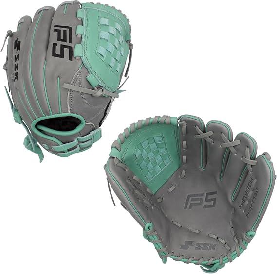 SSK FP5 Fastpitch Softball Glove Infield - Outfield - Pitcher 11.5-11.75-12-12.25-12.5-12.75-13 Right & Left Hand Throw (Grey/Mint - Basket Web, 11.5" - Left Hand Throw)
