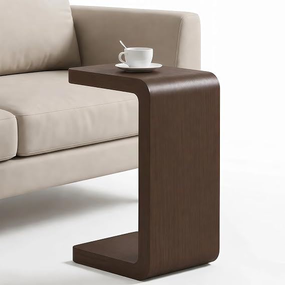 CHSSIH C Shaped End Table for Couch - Wood Sofa Side Table, Dark Walnut