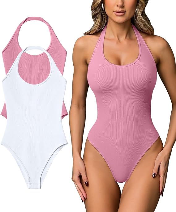 OQQ Women Halter Neck Bodysuits 2 Pack Going Out Tops