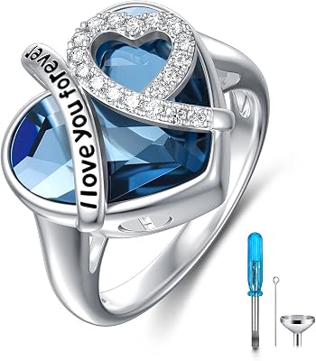 AOBOCO 925 Sterling Silver I LOVE YOU FOREVER Heart Cremation Ring Holds Loved Ones Ashes, Heart Urn Ring for Ashes for Women, Memorial Keepsake Jewelry Embellished with Crystals from Austria