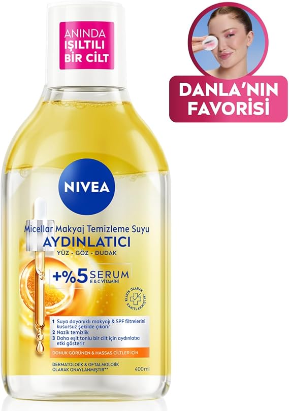 NIVEA Micellar Brightening Makeup Removal Water 400 ml, Removes Waterproof Makeup, Does Not Require Scrubbing, Contains Serum, Vitamin C, Vitamin E,