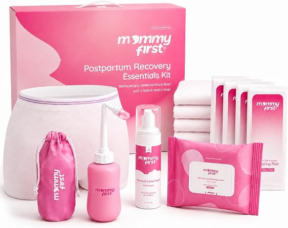 Mommy First Postpartum Essentials Recovery Kit Next-Gen Perineal Ice Packs, Alcohol-Free Witch Hazel Healing Foam and Liners, Upside Down Peri Bottle & Postpartum Underwear for Postpartum Recovery