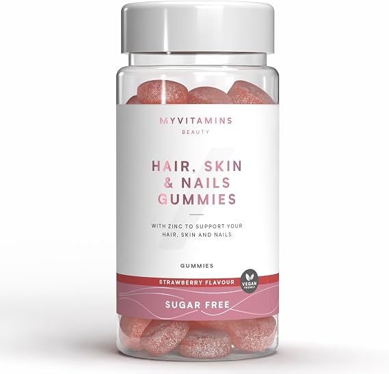 Myvitamins Hair, Skin and Nails Gummies – Biotin Hair Growth, Zinc & Vitamin C – Hair Vitamins for Women & Men – Hair Growth & Skin Support – Sugar Free Strawberry – 60 Vegan Chewable Supplements