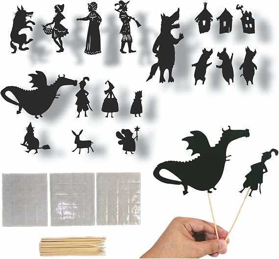 Shadow Puppet Theater Set 20-Piece Fairy Tale Silhouette Kit with Felt Cutouts, Sticks & Dots DIY Storytelling Shadow Play for Kids, Classroom, Family Craft Activities