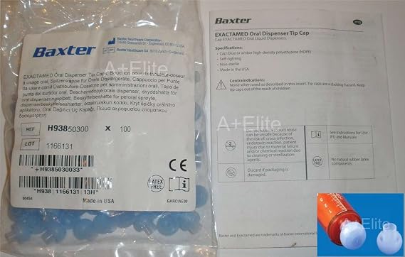 BAXA ExactaMed Oral Syringe Dispenser TIP CAPS ONLY 100/BG H938 50300 Exacta-Med Baxter Comar Latex Free 2115