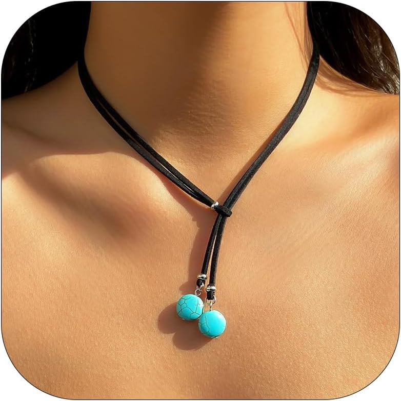 HUASAI Boho Necklaces for Women Western Jewelry Country Concert Outfits for Women Layered Brown Choker Necklace Leather Boho Necklace Western Cowgirl Outfits Jewelry