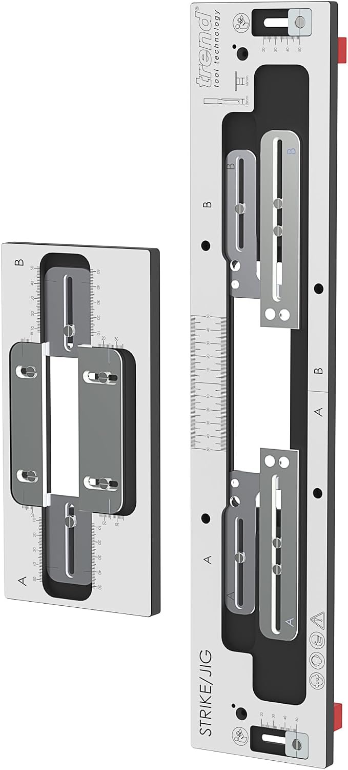 Trend Professional Strike & Keep Router Jig, Fully Adjustable Dual-Layer Design for Face Plate and Mortise Routing, Fits All Common Latch and Lock Types, Includes Carry Bag, Strike/JIG