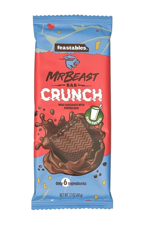 Feastables Milk Chocolate Crunch Bars - Made with Grass-Fed Milk Chocolate and Organic Cocoa. Only 6 Ingredients, 10 Count