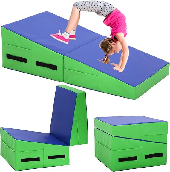 BLKMTY Folding Gymnastics Mat, 48" x 24" Incline Mats Tumbling Cheese Wedge Mat Kids Cheese Pad Indoor/Outdoor Exercise Yoga Mats for Home Gym with Non-Slip Pvc Surface and Handle