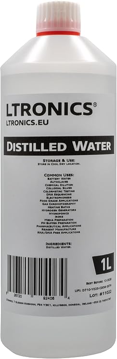 Distilled Water Purified Ultra Pure Lab Grade Steam Distilled H2O - 1L