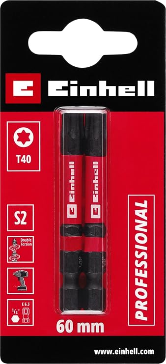 Orijinal Einhell Darbeli Bit Seti – 2 Parça, 60 mm, T40 (S2 Çelik, Çift Torsiyon Bölgesi, Yüksek Dayanıklılık, Kırmızı Renk Halkası, E 6.3 Sap) - 49132200