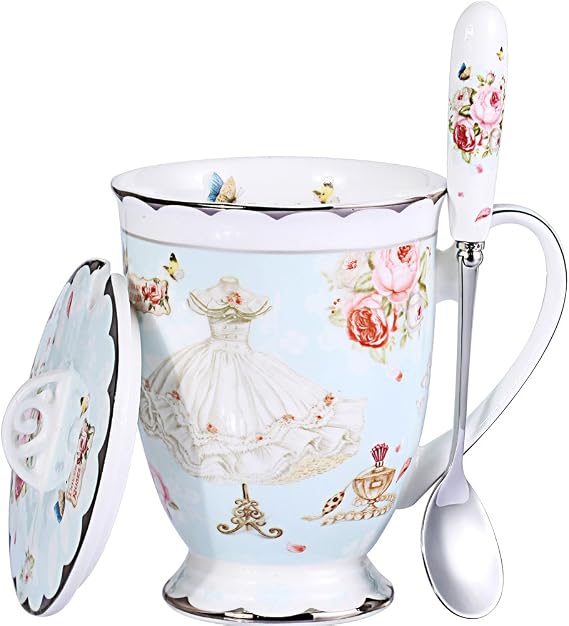 Tea Cup and Lid and Spoon Set Royal Fine Bone China Coffee Mug 330ml Light Blue TeaCups