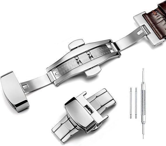 Nice Pies Stainless Steel Deployment Clasp Push Button Butterfly Folding Strap Buckle Fish Scale Pattern Replacement for Leather (14mm, 16mm, 18mm, 20mm, 22mm)