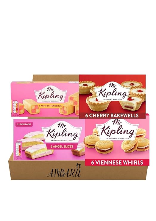 AMBARII Mr Kipling Variety Pack, 4 Pack, Mini Batternberg, Cherry Bakewell, Angel Cake, Viennese Whirls, Cake Variety Pack