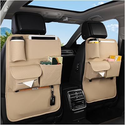 Car Backseat Organizer, 2PCS Leather Woven Multipurpose Vehicle Seat Back Protector with 4 Storage Pockets & Hook, Waterproof Automotive Kick Mat, Universal for SUV RV Truck Beige