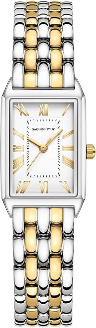 Gold Watches for Women with Vintage Rectangular Case,White Roman Dial,Stainless Steel Band,Adjustment Tool Included,Water Resistant