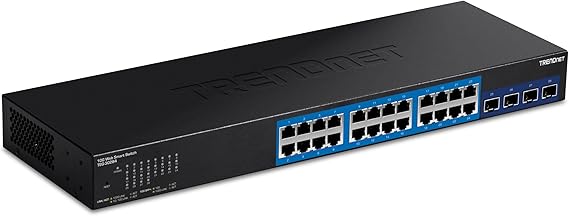 TRENDnet 28-Port Web Smart Switch, 24 x Gigabit Ports, 4 x 10G SFP+ Slots, High Speed Network Uplinks, 128 Gbps Switching Capacity,1U Rack Mountable,Lifetime Protection, Black, TEG-30284