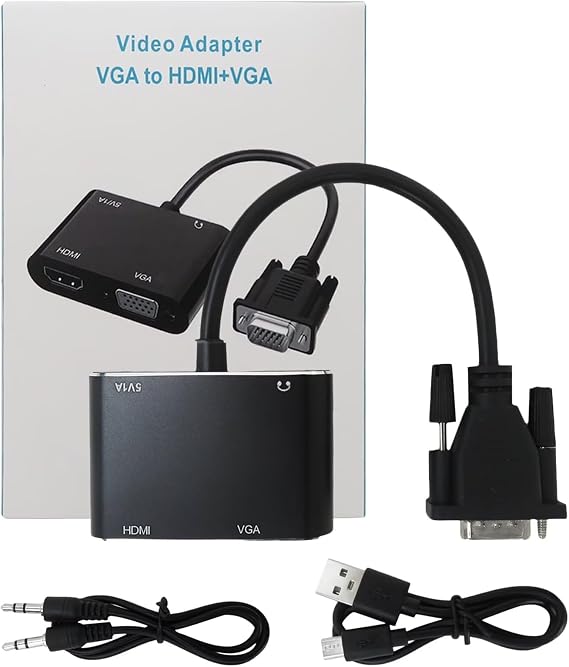 VGA to HDMI+VGA Adapter for Dual Monitors, VGA to HDMI Adapter Splitter 2 in 1,1080P@60HZ Full HD Display Video Converter for PC Laptop Link Monitor/HDTV/Projector, Plug & Play