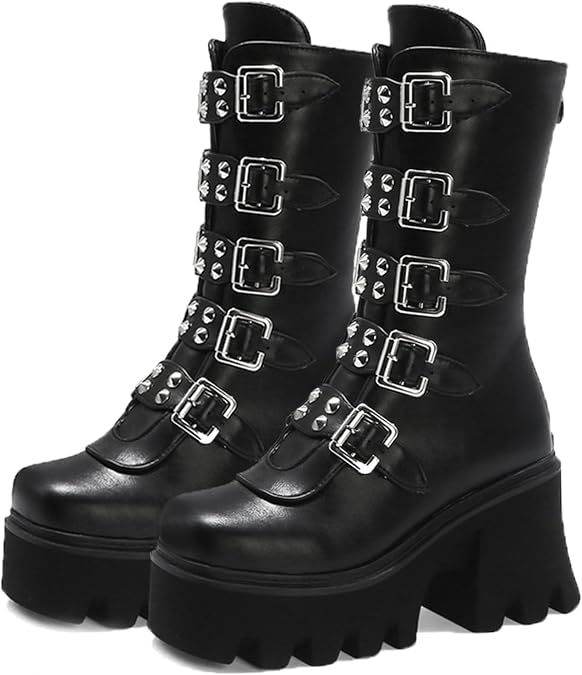 Women Platform Goth Boots Studded Mid Calf Combat Punk Boots Buckle Chunky Heel Back Zipper Thick Sole Ankle Booties
