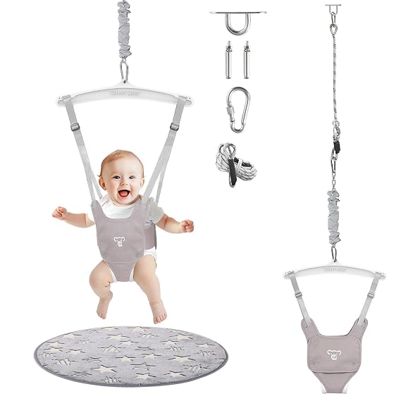 G TALECO GEAR Baby Jumper with a Ceiling Hook for Infant & Toddlers with Adjustable Chain, Bouncers for IndoorOutdoor, Baby Doorway Jumper with Soft Rug Grey