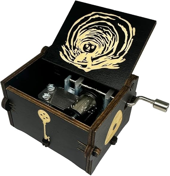 Music Box Plays Dreaming, Wood Engraved Hand Crank Music Boxes Stuff Decoration Merchandise Gifts for Christmas Halloween(Black)