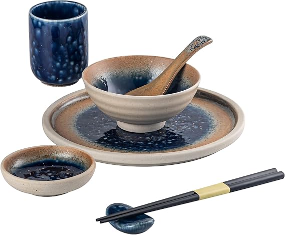 UNICASA Sushi Dinnerware Set,7Pcs Japanese Style Sushi Plate Serving Set, Includes 8 Inch Round Plate, 4.5 Oz Dipping Bowl, 3 Oz Dip Bowl, Spoon, Chopsticks and Rest