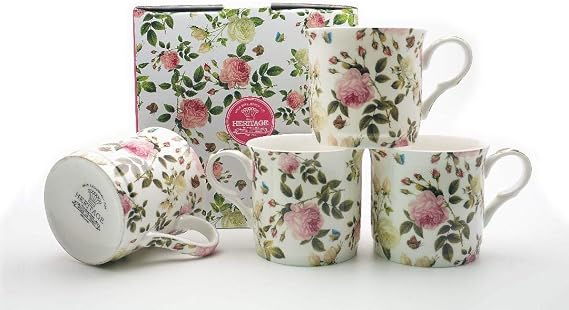 heritage fine Bone China Set of 4 Gift Set Mugs Butterfly Rose Design