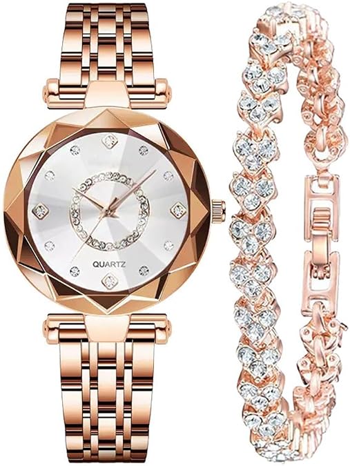 Women Watches with Bracelet Rose Gold for Lady Elegant Stainless Steel Strap Fashion Analog Creative Diamond Dial Wrist Watch