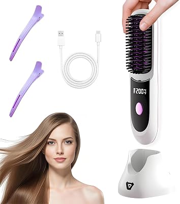 Go Brush Pro Hair Cordless,Negative Ion Smart Screen Comb with Charging Base,4000mAh Portable Design and 20-Second Rapid Heating,Dual-Mode Charging,Compatible with All Hair White