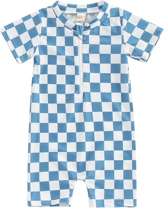 Toddler Baby Boy Girl Swimsuit Checkered One Piece Swimwear Short Sleeve Zipper Rash Guard Beach Bathing Suit