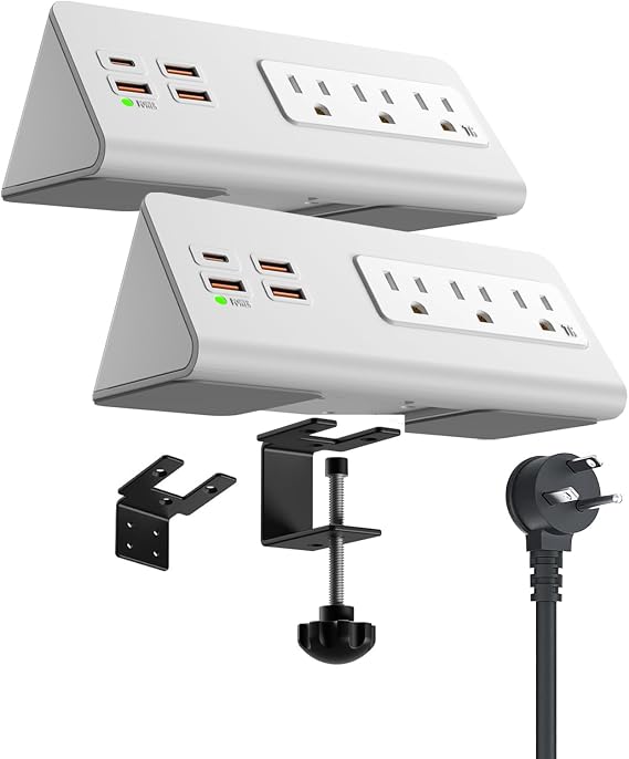 Power charge station edge clamp mount with USB-C portsTabletop Surge Protector Desk Clamp Power Sockets with 3 AC Outlets and 4 Fast Charging USB Ports for Home Office Hotel and Dormitory (White-2pcs)